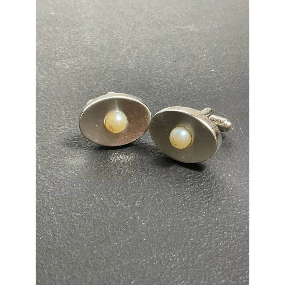 Vintage Silver-Tone Oval Cufflinks With Pearl Accent